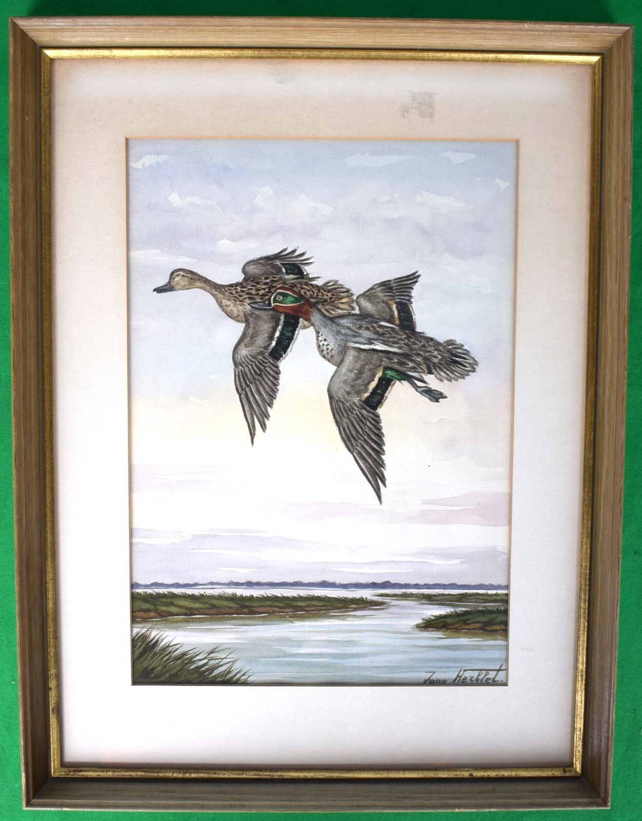 «Two Ducks In Flight Over Marsh» by Jean Herblet Ex- C.Z. Guest Estate