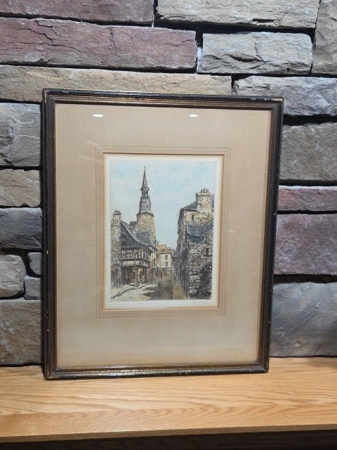 Signed Paul Renard Hand‑Colored Etching – Rouen, France Gothic Cathedral Street