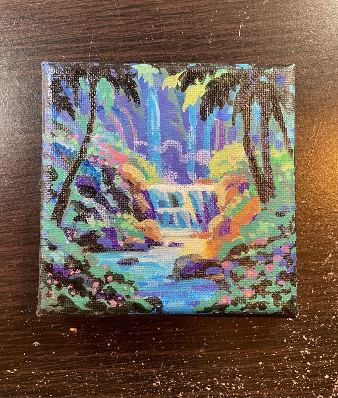 Orginal Acrylic Painting On Canvas-Tropical Waterfall Signed by Artist 4×4 2026