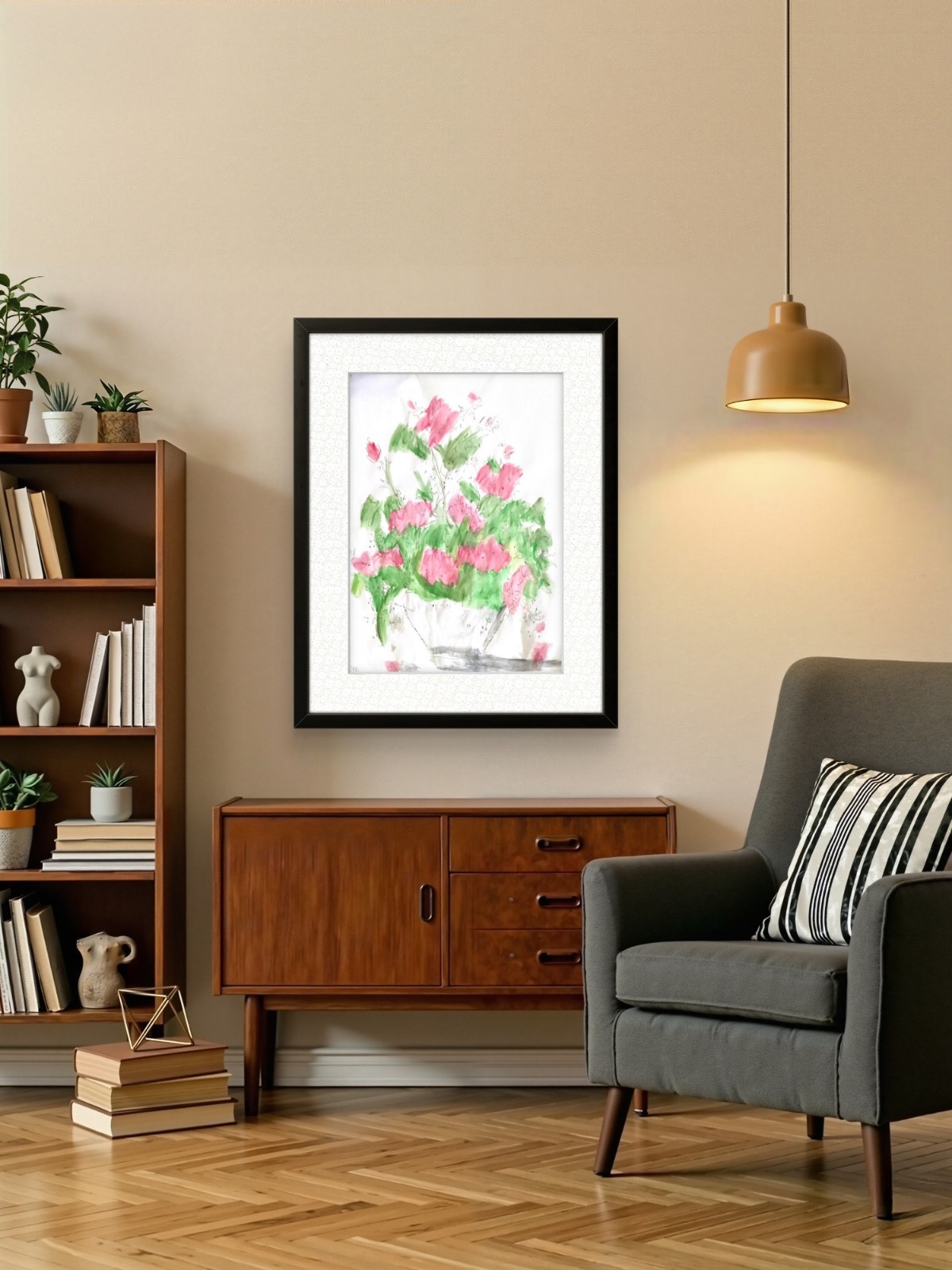 Original Expressionism Pink Flowers in Vase Doodle Modern Art 18 by 24 on Paper