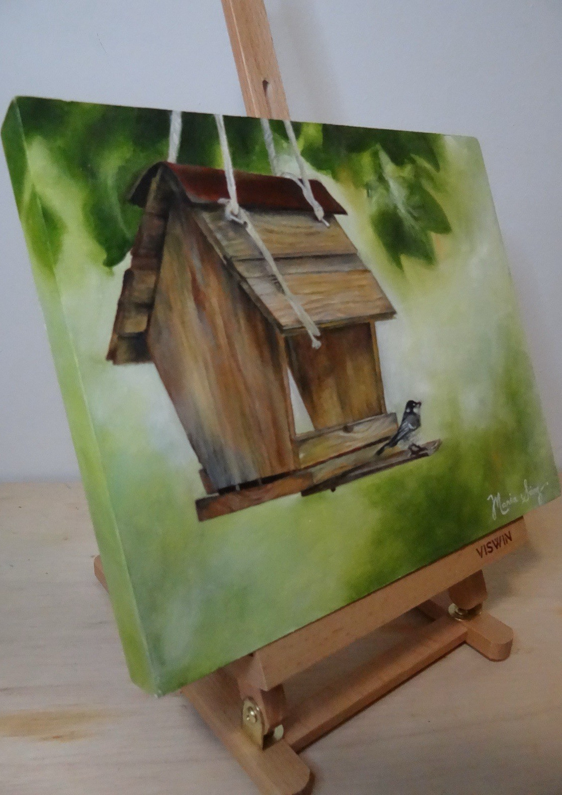 Maria Sanchez Original Realism Painting Birdhouse & Bird Canvas, Signed, Small