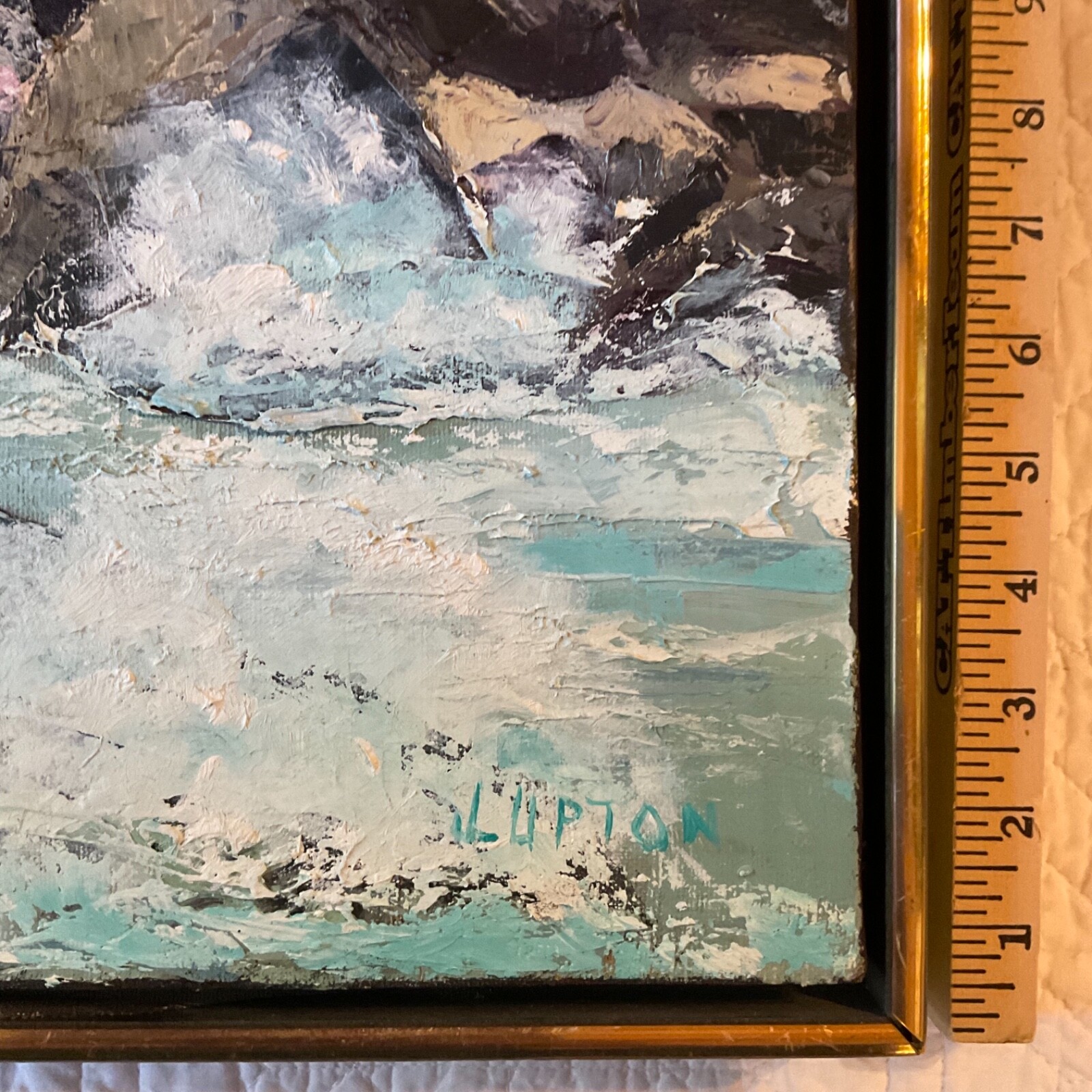 VINTAGE 70s abstract original hand painted oil PAINTING by Upton ocean teal blue