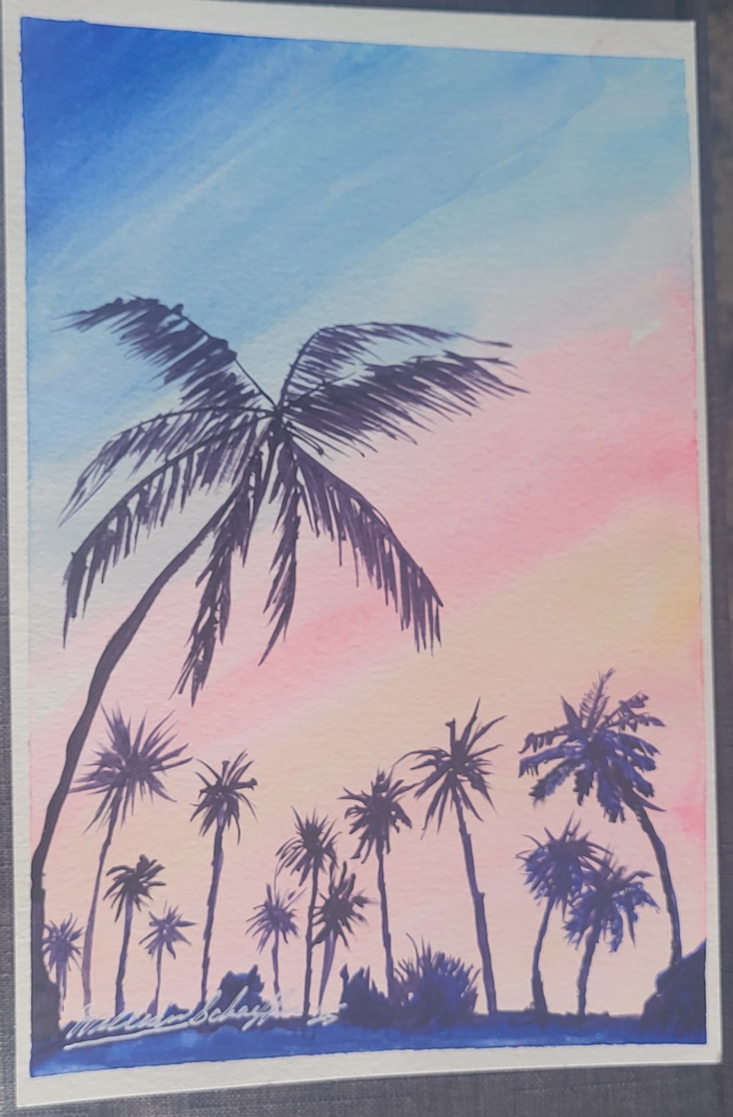 Original William Schaeffer Watercolor Painting «Palms at Sunset» signed 7×5