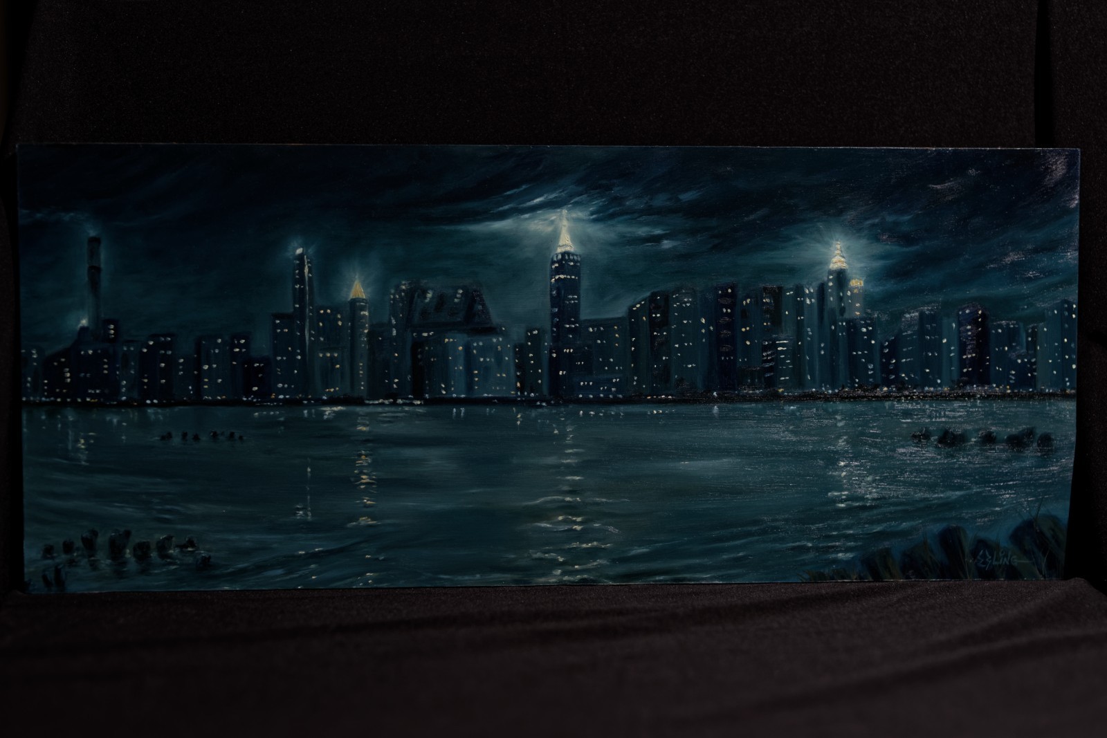 New York City Skyline Oil Painting Nocturn Night lights Brooklyn view East River