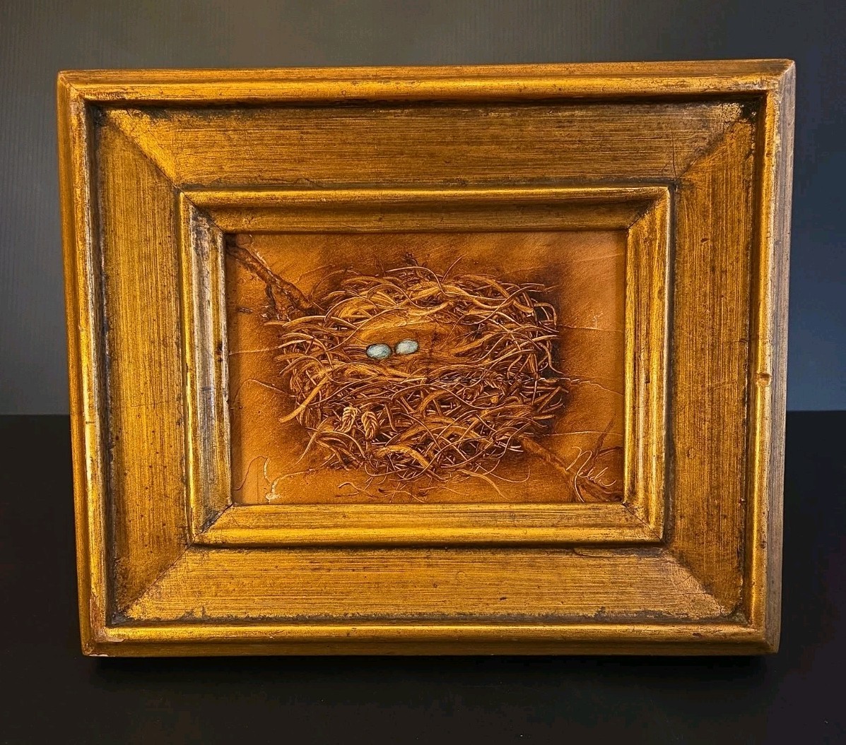 Original Oil Painting Bird Nest W/Blue Robin Eggs~Signed Nelda~Wood Frame 11×9.5
