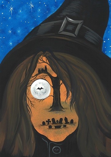 5×7 RYTA HALLOWEEN WITCH OWL BLACK CAT ILLUSTRATION ART PRINT OF PAINTING Salem