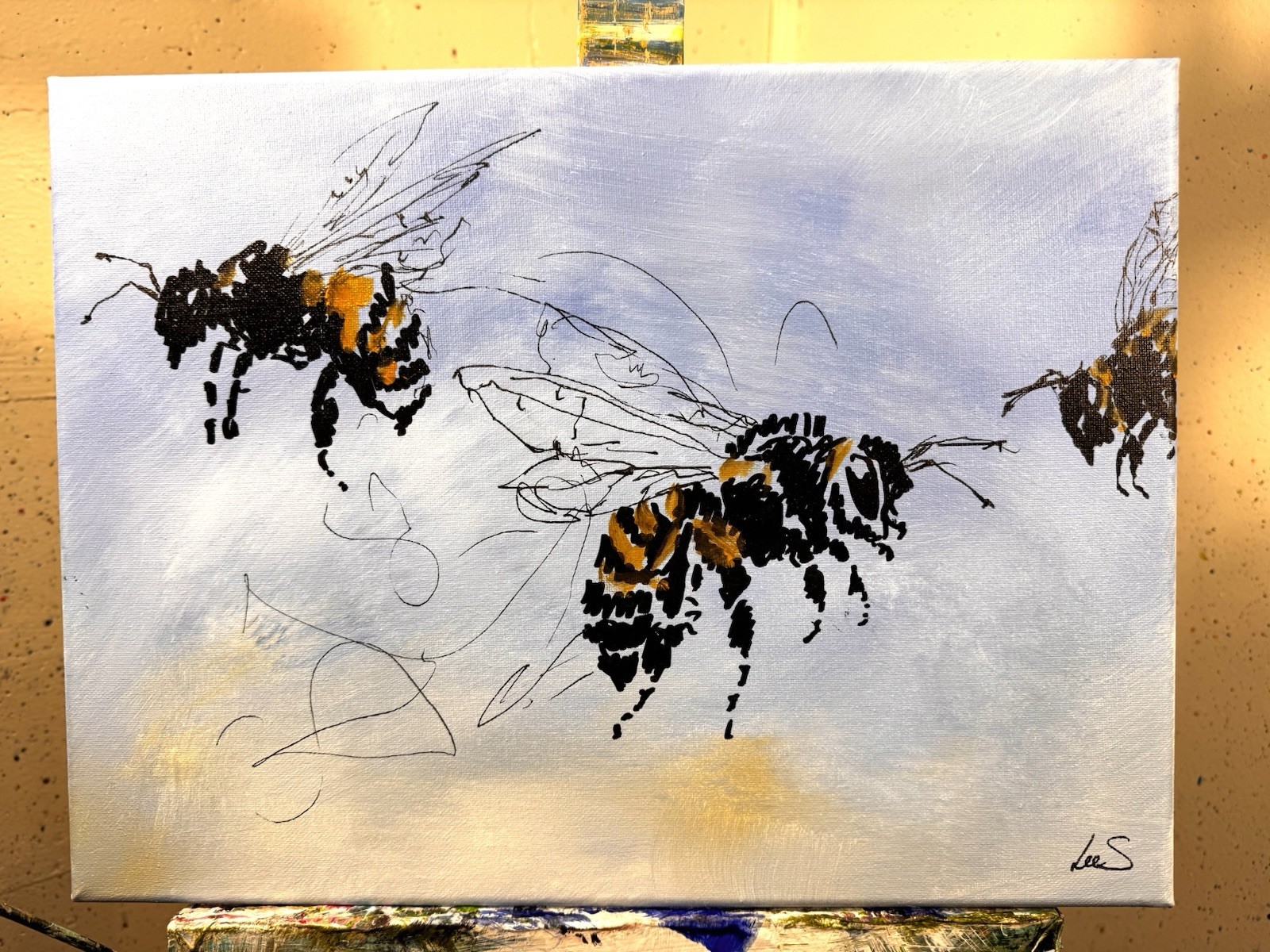 Original Abstract Expressionism 12×16 Bees Handmade Signed Unique Fine Art 324