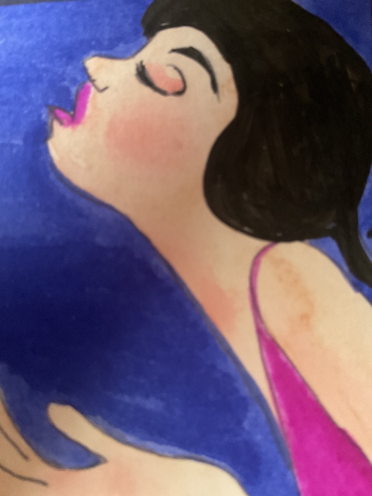 ACEO watercolor art by PJ, art card 2.5 x 3.5: lady in hot pink.