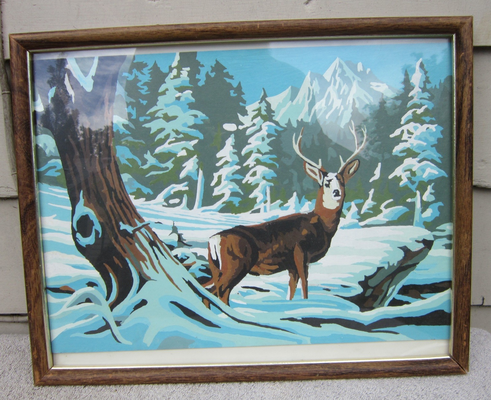 Vintage 1960s PAINT BY NUMBER 10″ x 14″ Deer in Woods in Winter FRAMED