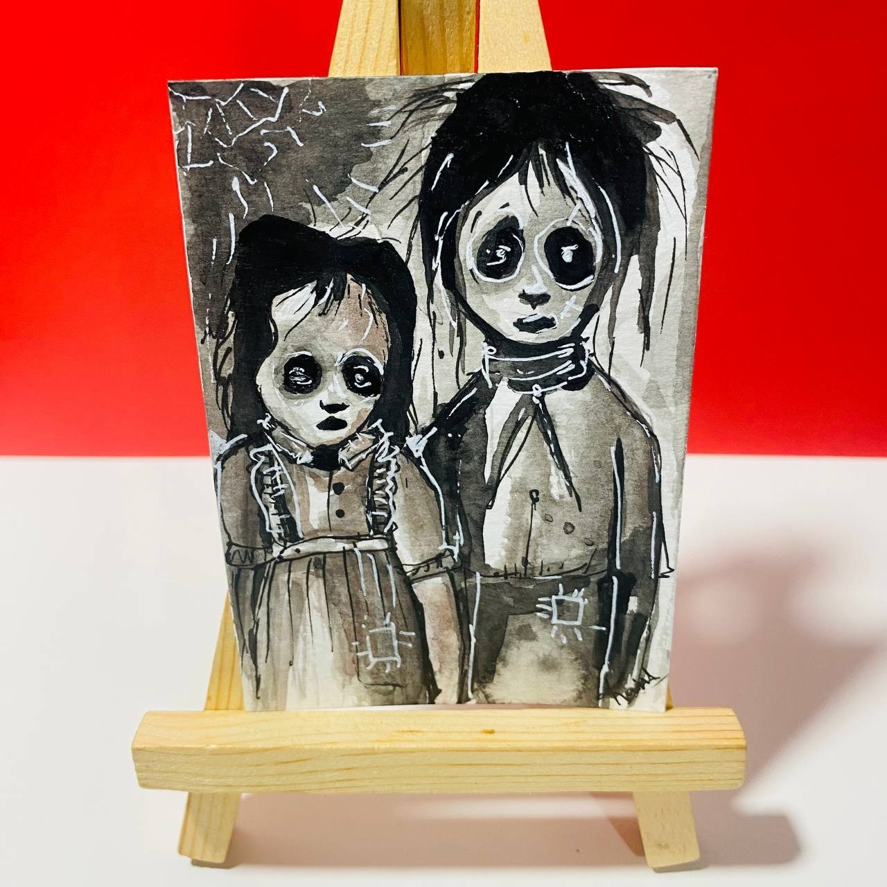 ACEO Original Dead Sister Brother Gothic Horror Acrylic Painting Portrait Art