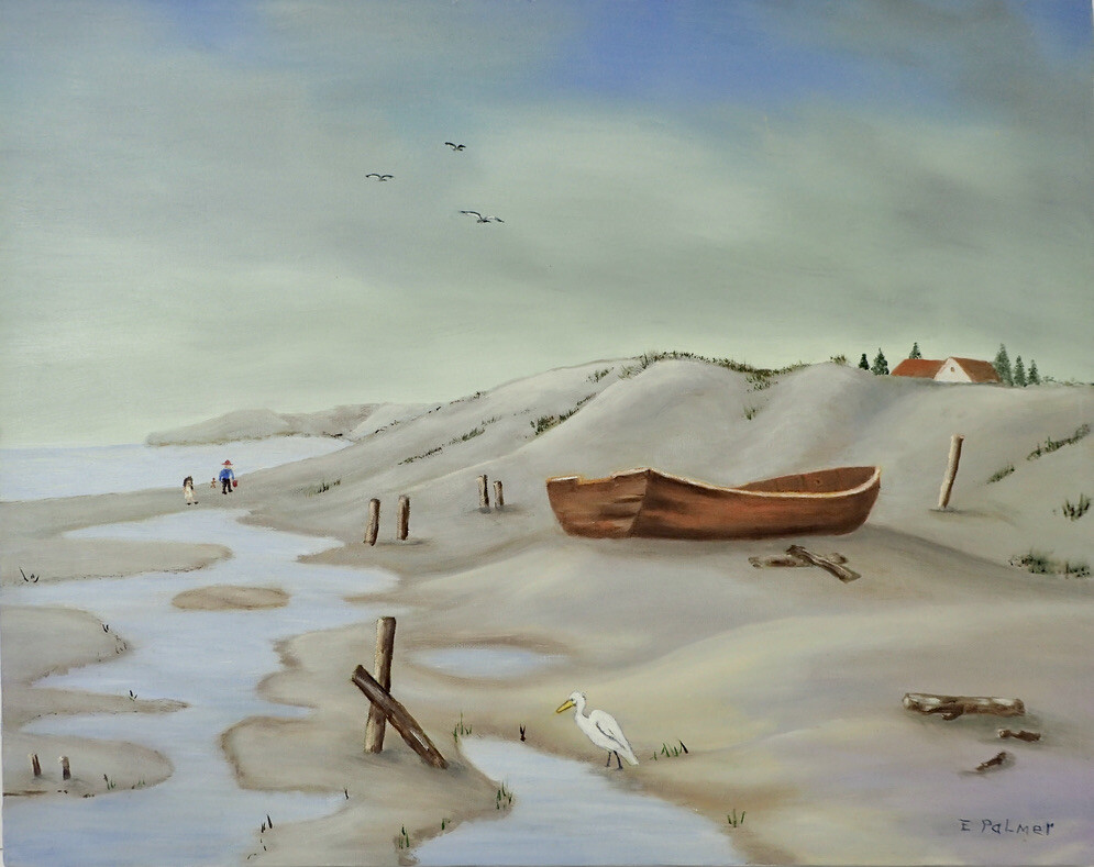 E. Palmer Vintage Seashore with Dory Painting on Canvas 16×20