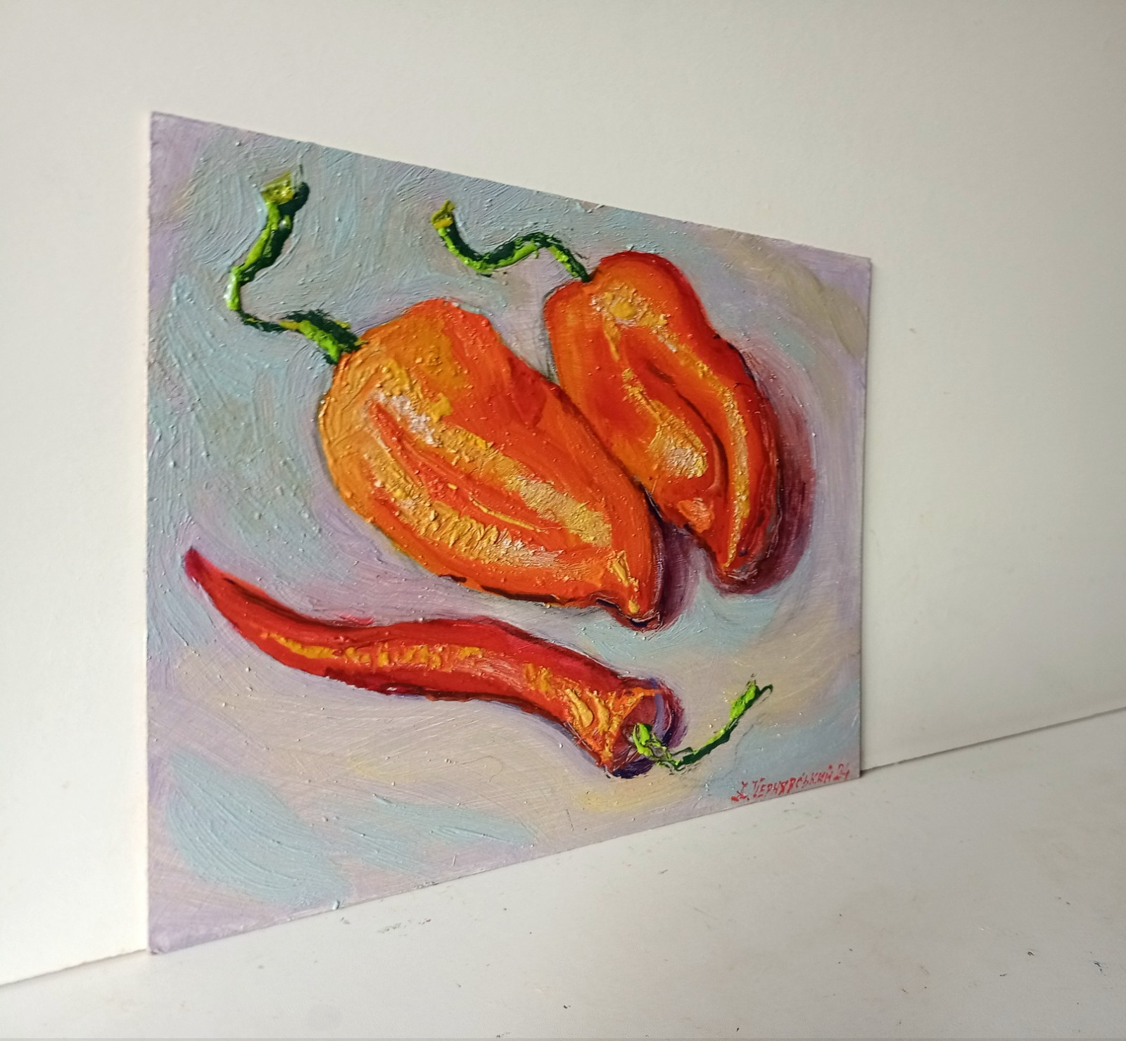 Peppers Impasto Painting Original Art Impression Oil Painting 7.8 x 9.8 in