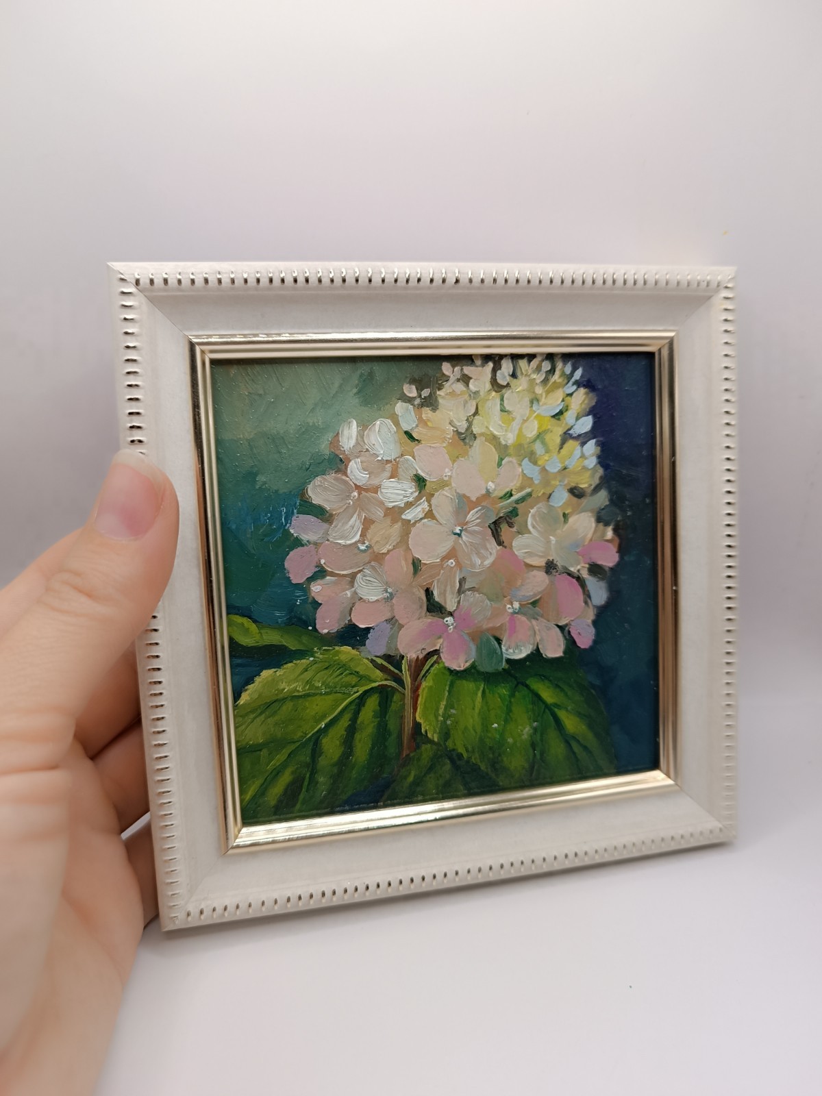 Original Hydrangea Oil Painting Pink Floral Framed Miniature Flower Art 4×4