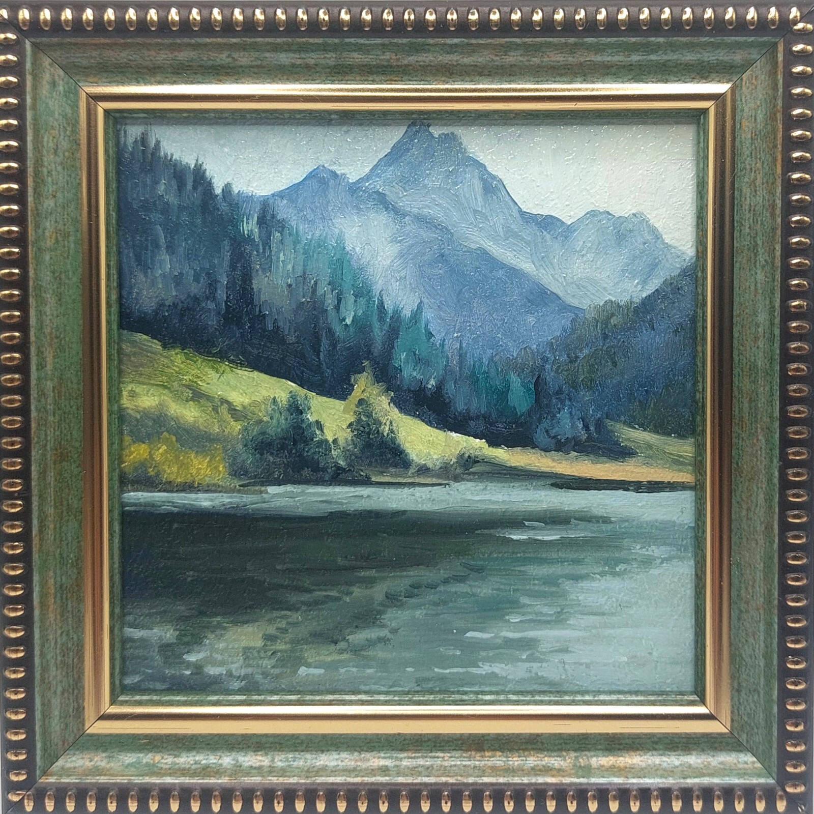 Mountain landscape Original oil painting Miniature Realism Signed Framed 4×4