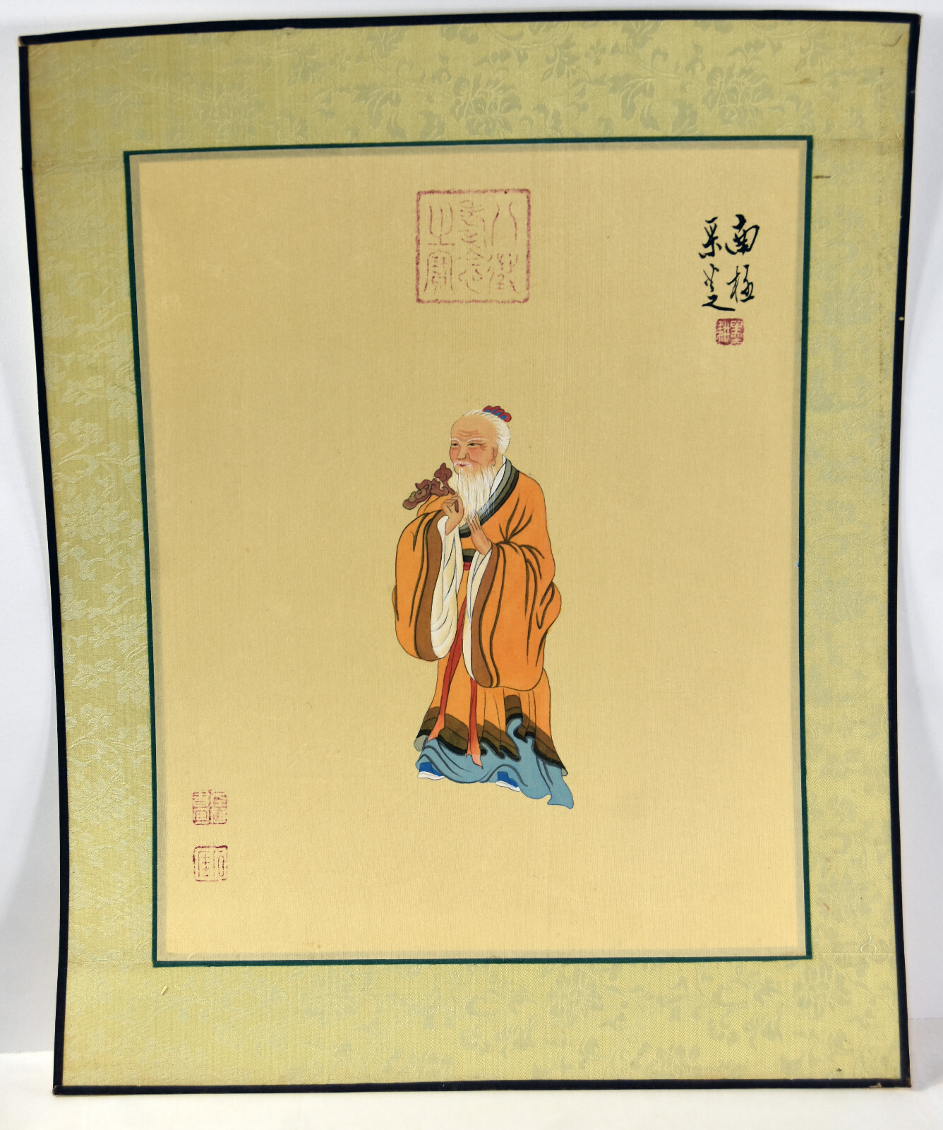 13″ Antique Chinese Watercolor Painting Old Man Ginseng Root Sage Ancestor Asian