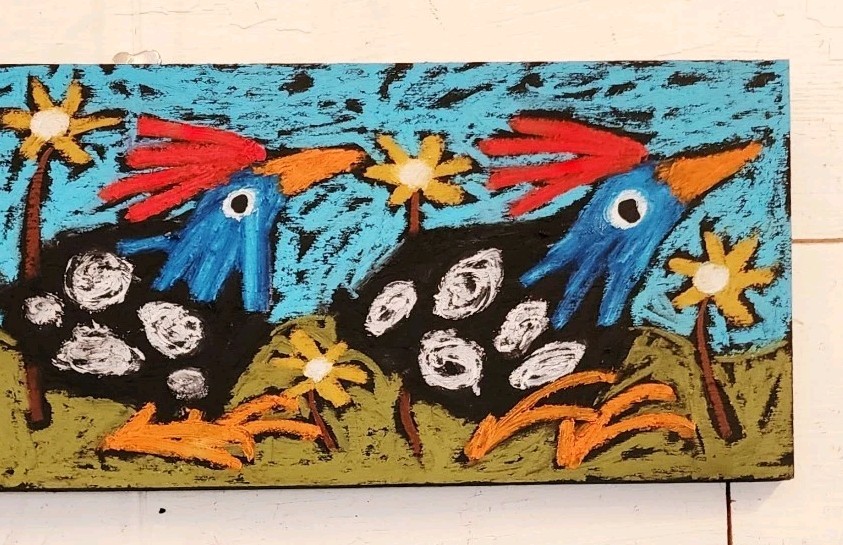 John Sperry Outsider Southern Primitive bird Folk Art Guinea Hens Painting Bird