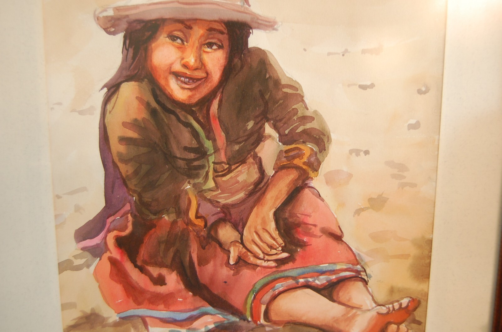 VINTAGE FRAMED MATTED ORIGINAL WATERCOLOR PAINTING OF PERUVIAN NATIVE GIRL CHILD