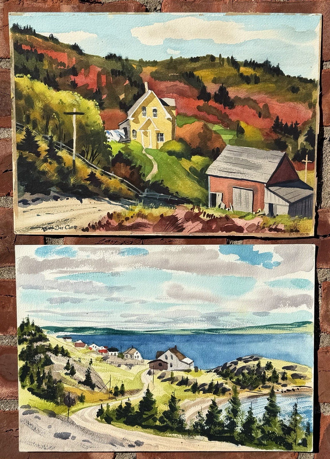 New Jersey Artist Kent Day Coes (2) Watercolors. Farm House. Margaret’s Bay