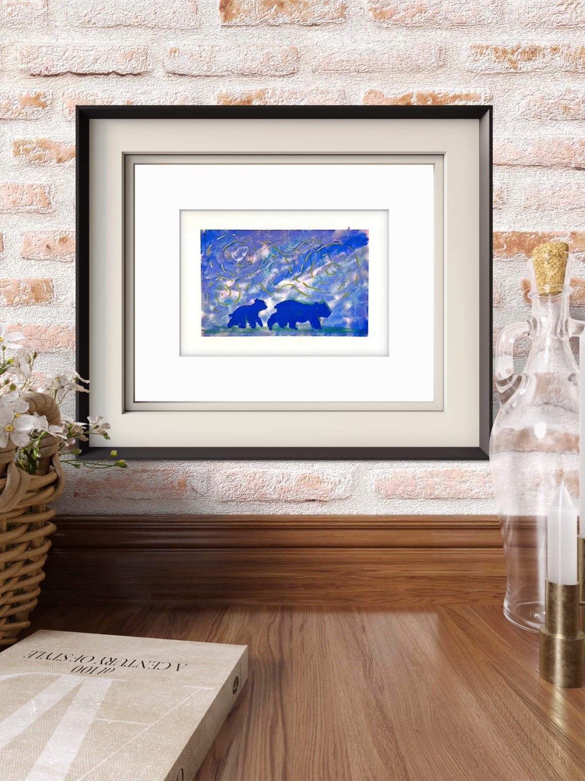 Two Bears In Northern Lights Original Abstract Contemporary 5×7 Paper Signed