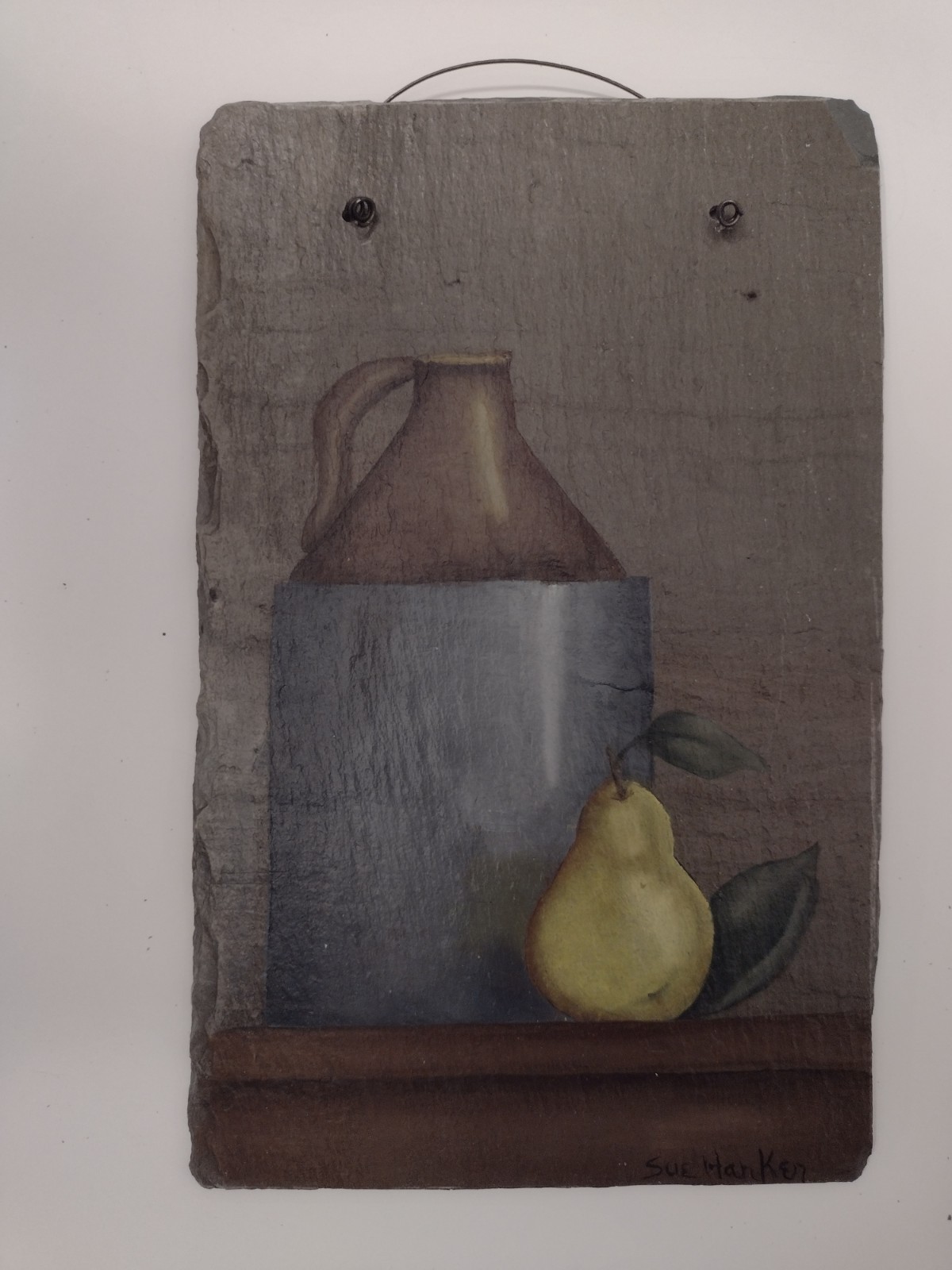Antique Roof Slate Original Painting Ceramic Jug & Pear Artisan Wall Art 6.5×10″
