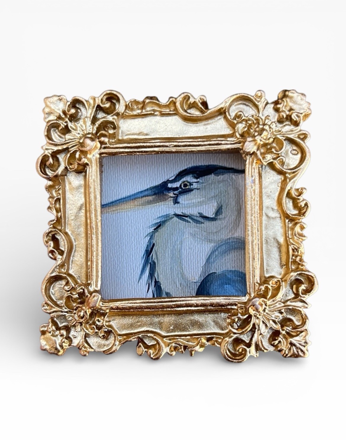 TEENY MINI • Blue Heron watercolor bird print in TINY ornate frame