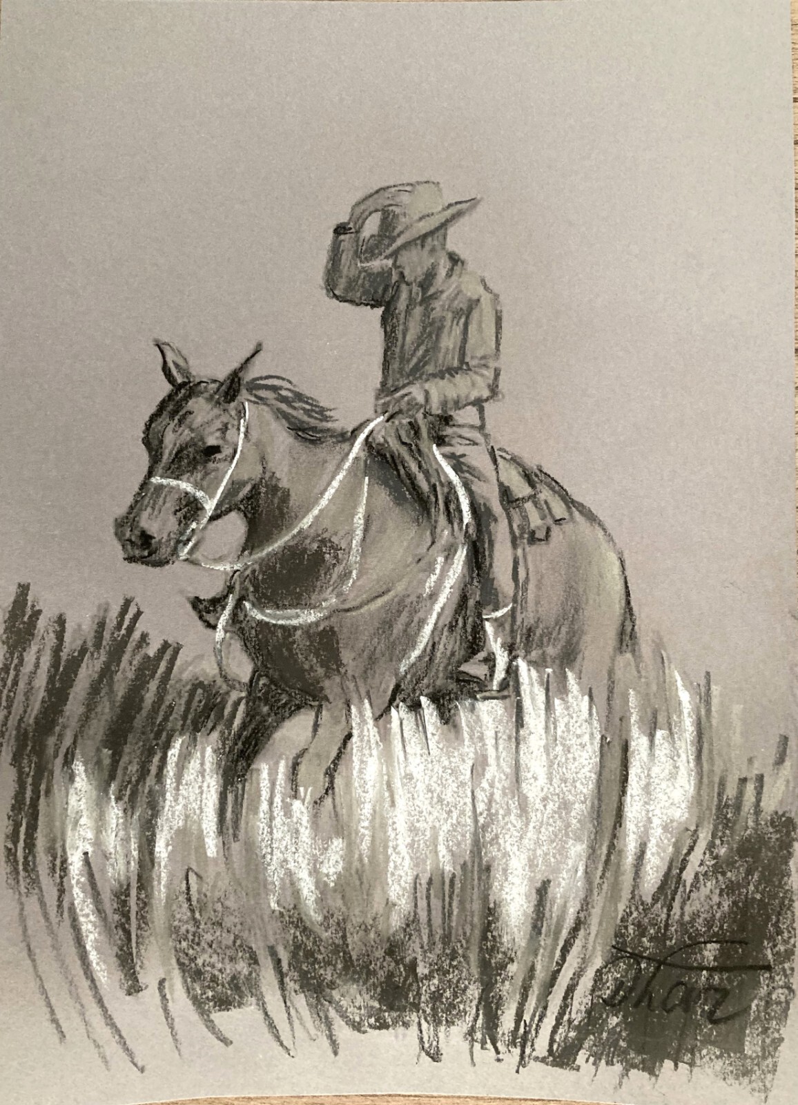 Landscape Impressionism Pastel Painting Drawing Dorothy Laz cowboy on horseback
