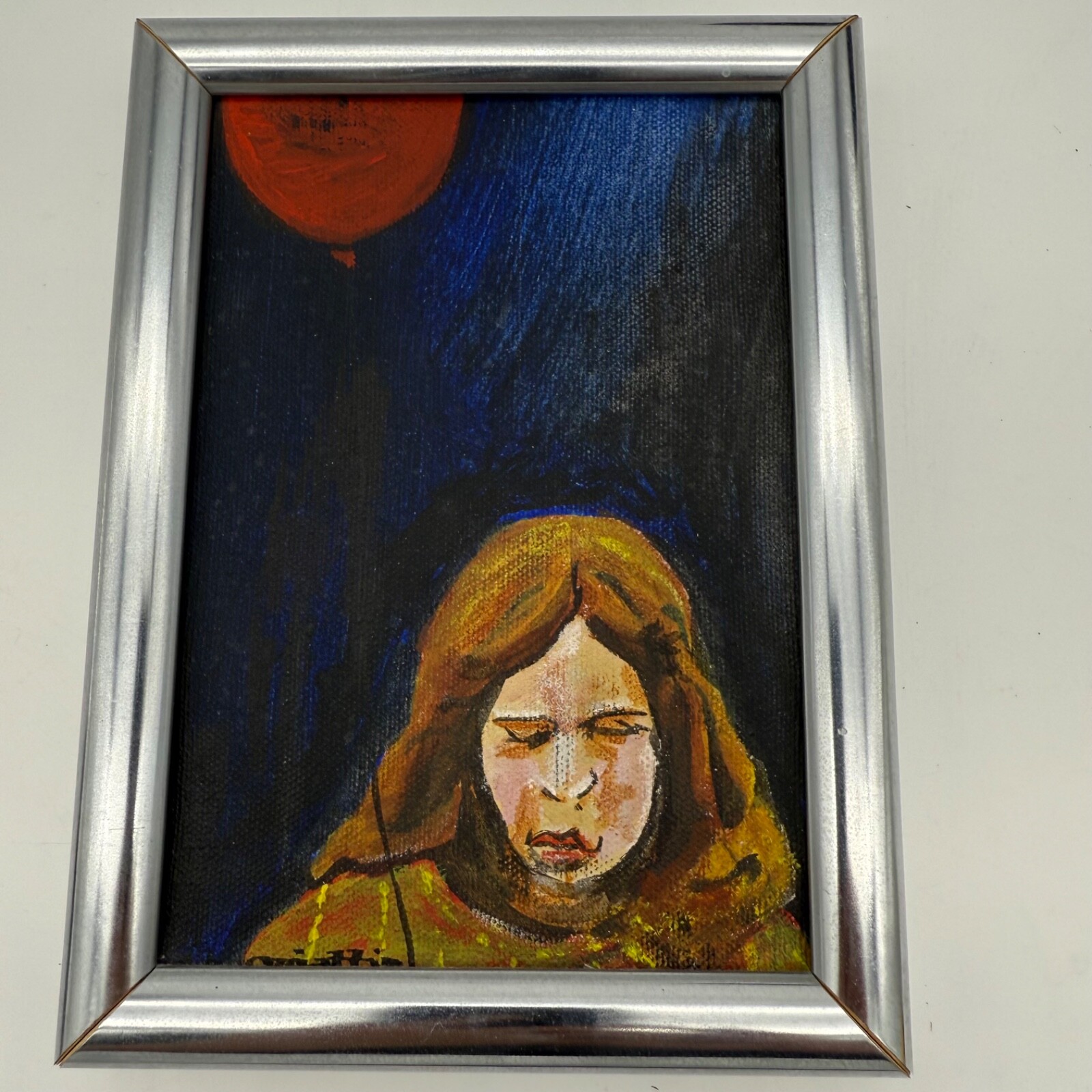 Original Acrylic «Girl with Balloon» by R. Oviatt Jr, 5″x7″ in frame