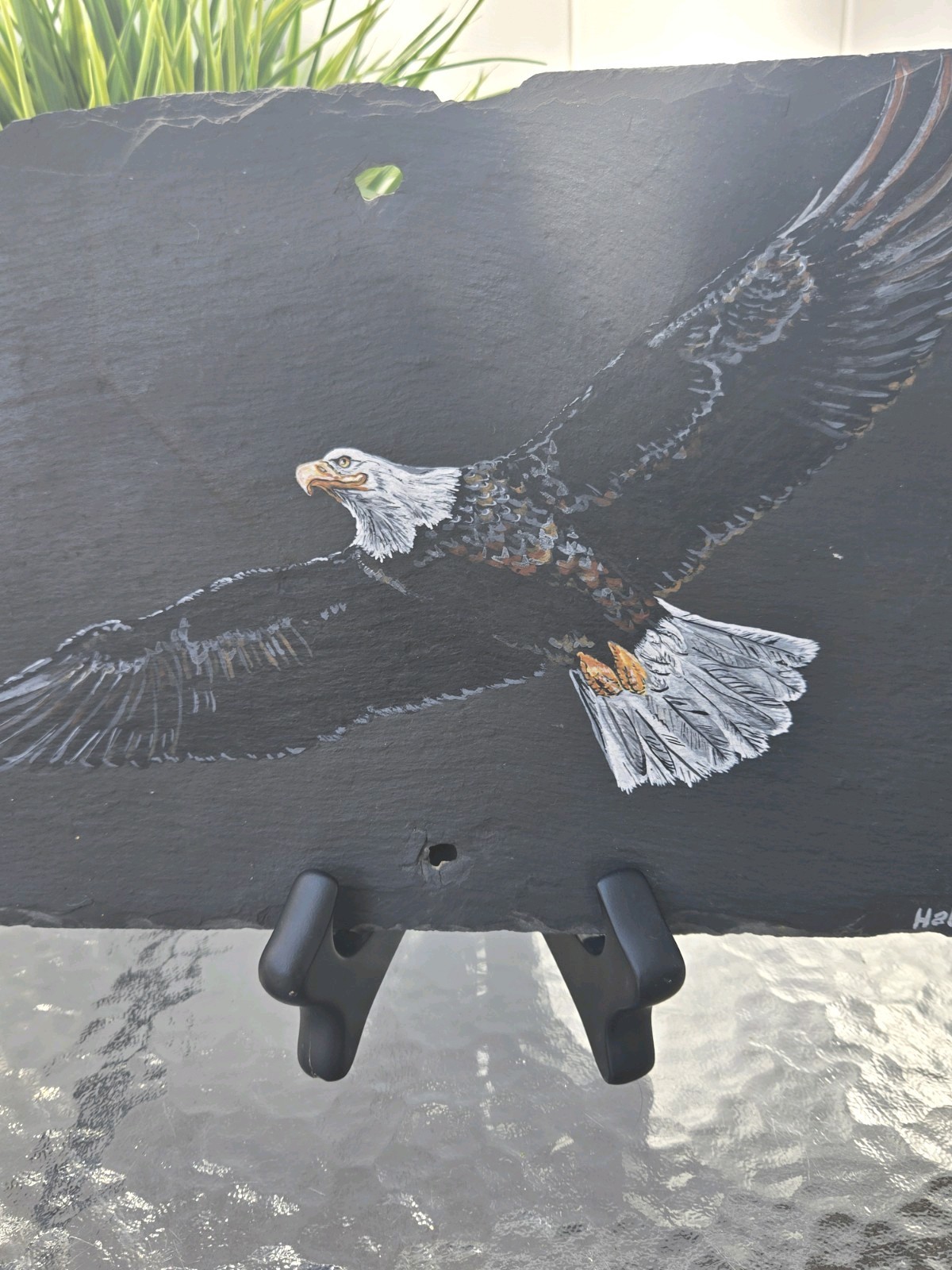 2000 Vintage Hand painted Eagle In Flight Natural Slate Art Signed by Artist