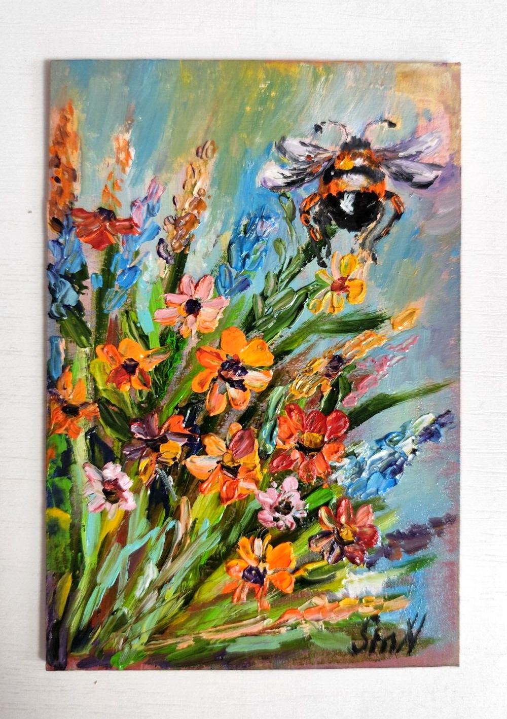 Original Art Honey Bee Portrait Flower Nature Oil Vivid Painting Impressionism