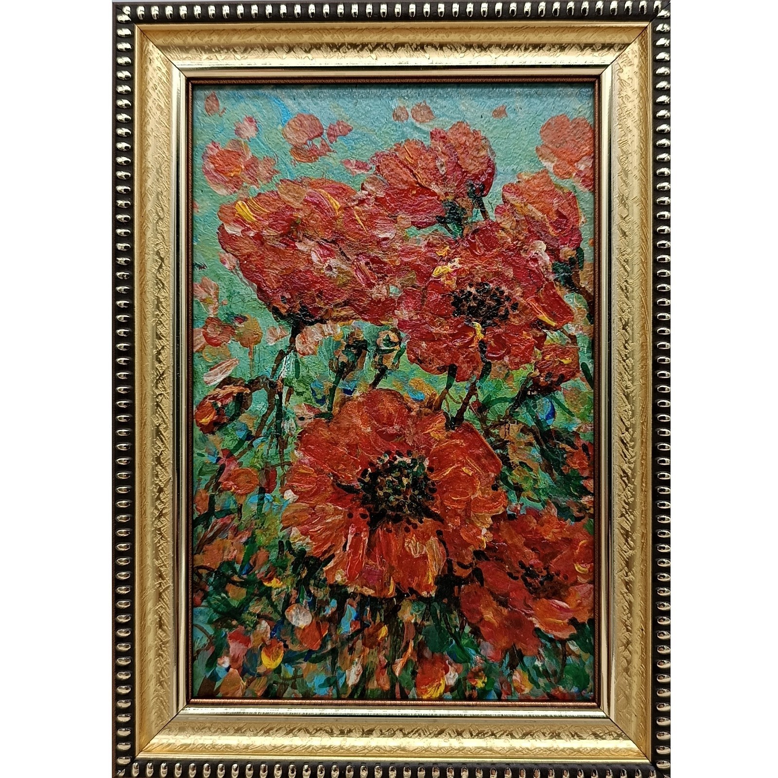 Original Oil Painting Summer Landscape Wildflowers Red Poppies Signed 4×6
