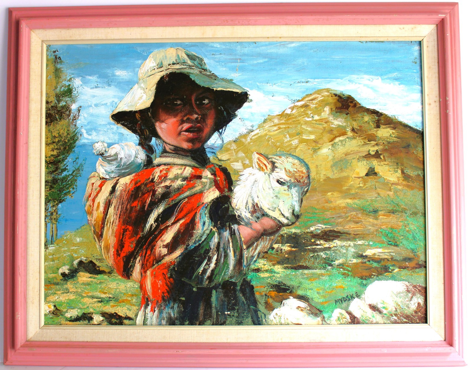 VINTAGE PALETTE OIL PAINTING ON WOOD PANEL SIGNED LATIN AMERICAN SHEPHERD GIRL