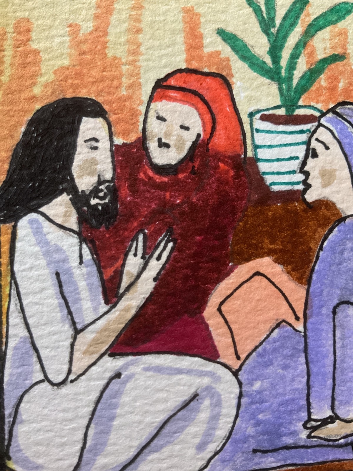 ACEO watercolor art by PJ, art card 2.5 x 3.5: Jesus, Mary and Martha.
