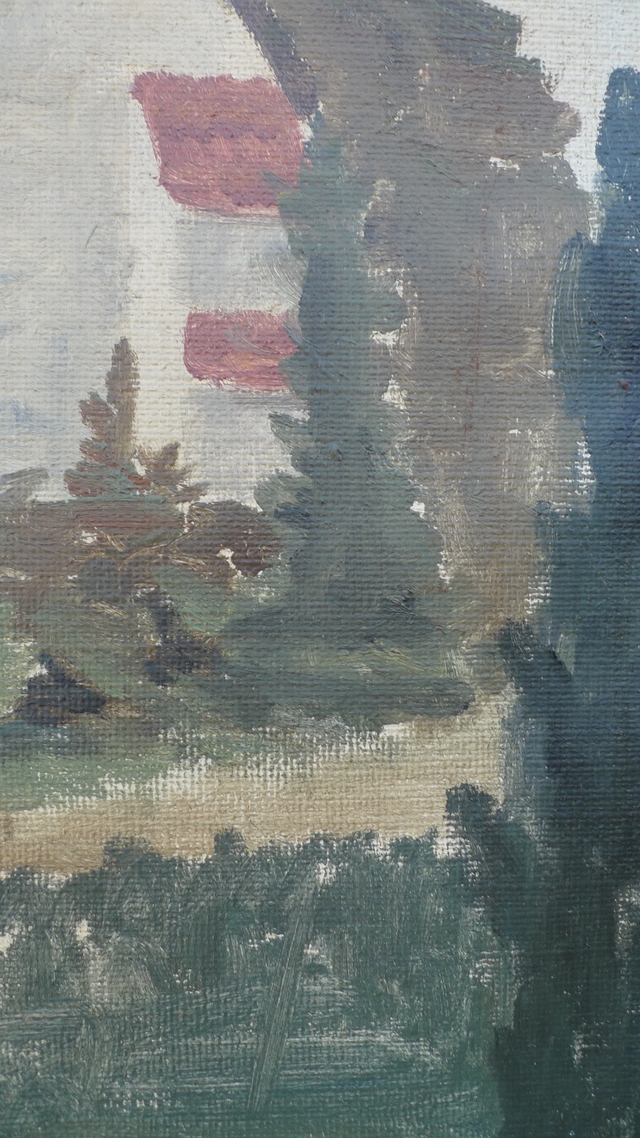 Unknown Expressionist Landscape with Church Cemetery Graves Oil Painting