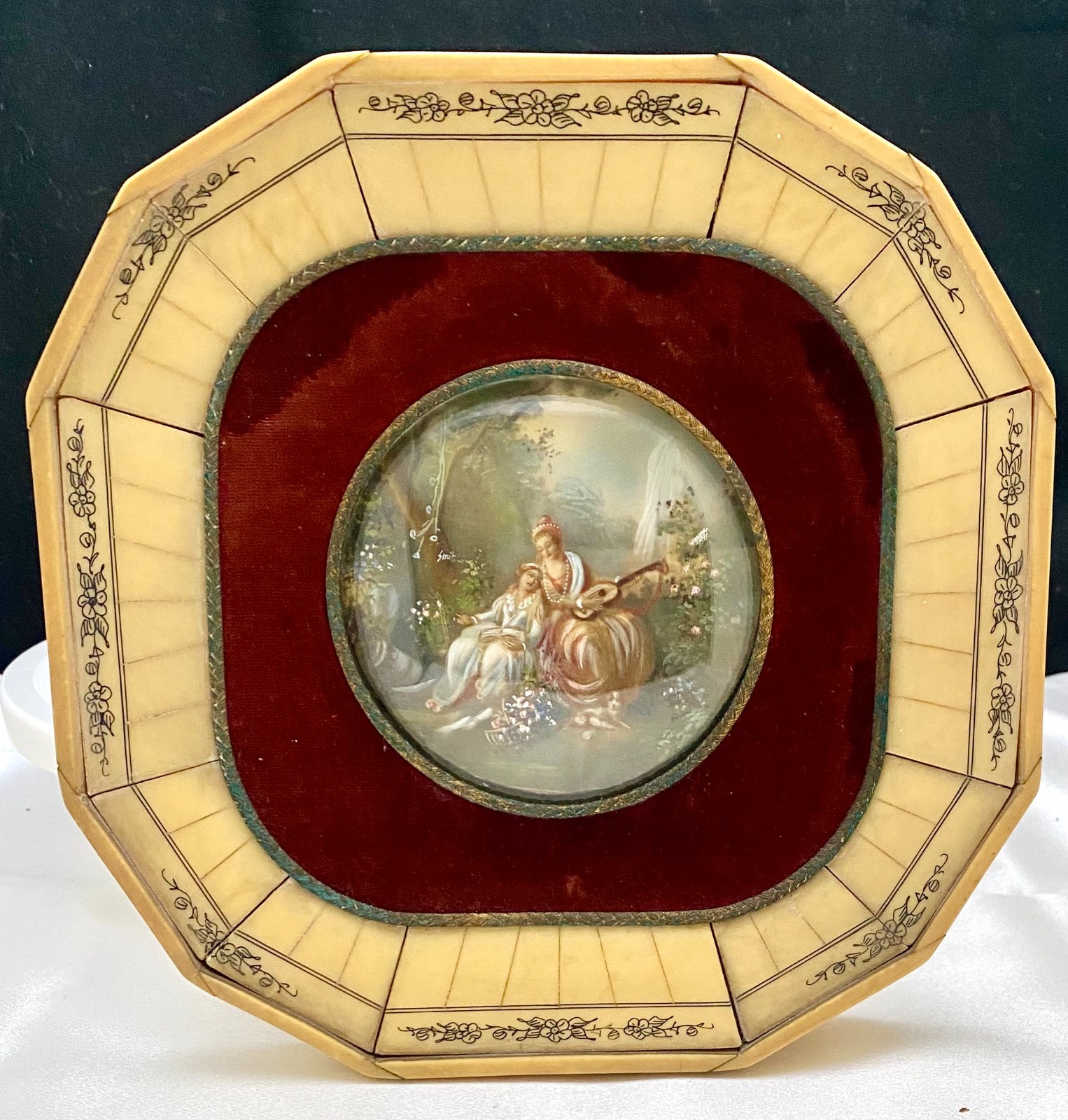 ANTIQUE FRENCH SMIT MINIATURE PAINTING, BRASS/SPINE FRAME, AFTER HILAIRE c1900 g