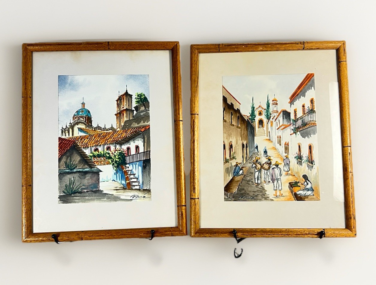 Marco Ruiz Watercolor Paintings Set of 2 Mexican Village Framed Art 15×12