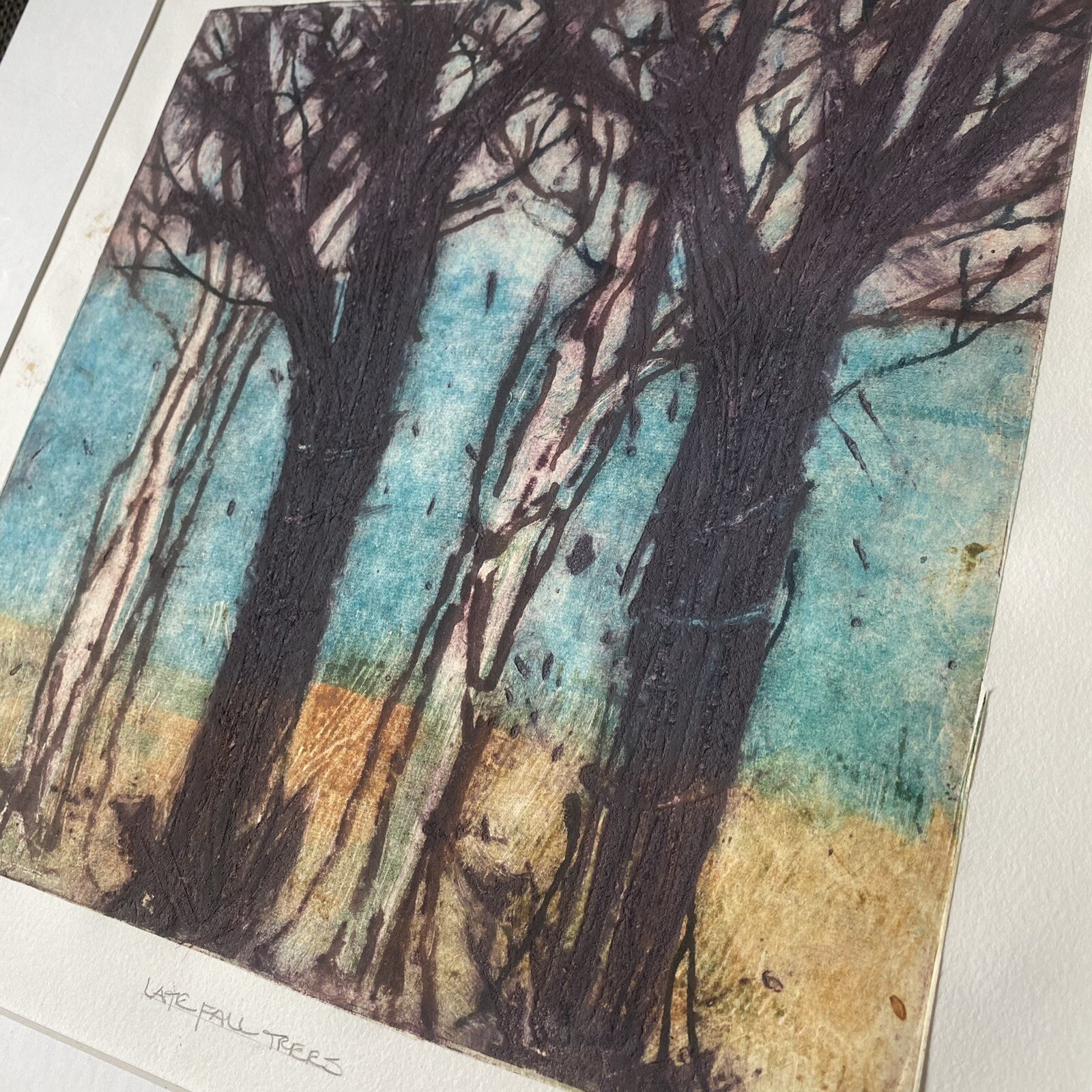 Autumn – Late Fall Trees Landscape Painting Matted – Sparse Forest Modern Art