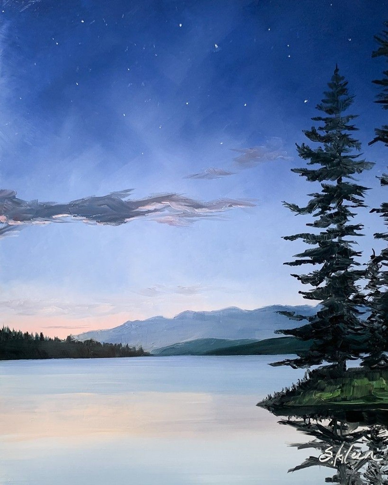 Original Oil Painting Landscape Twilight Lake with Pine Trees Night 8×10 Signed