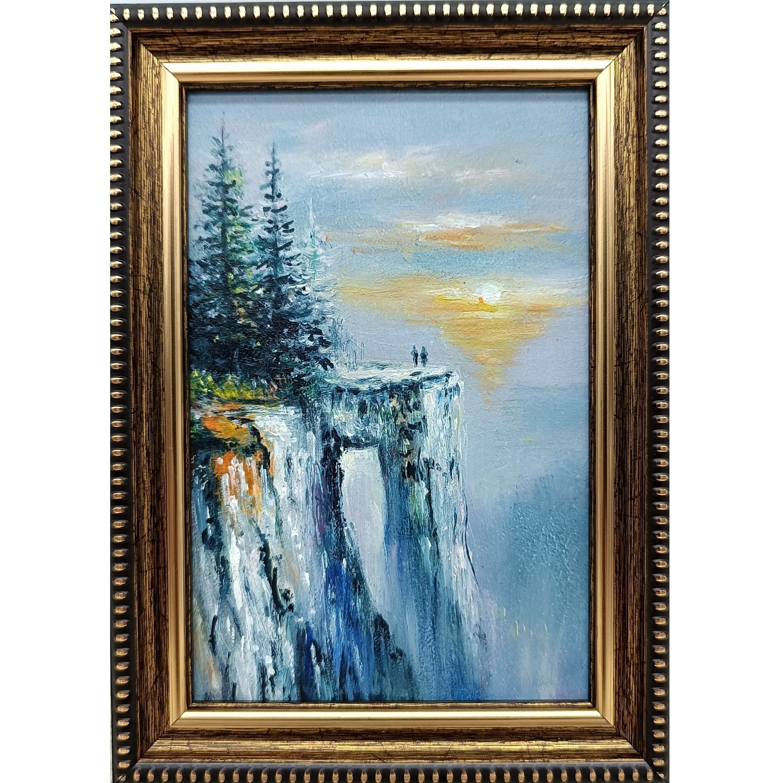 Cliff Mountain Landscape Original Oil Painting 4×6 Framed Signed Sunrise Art
