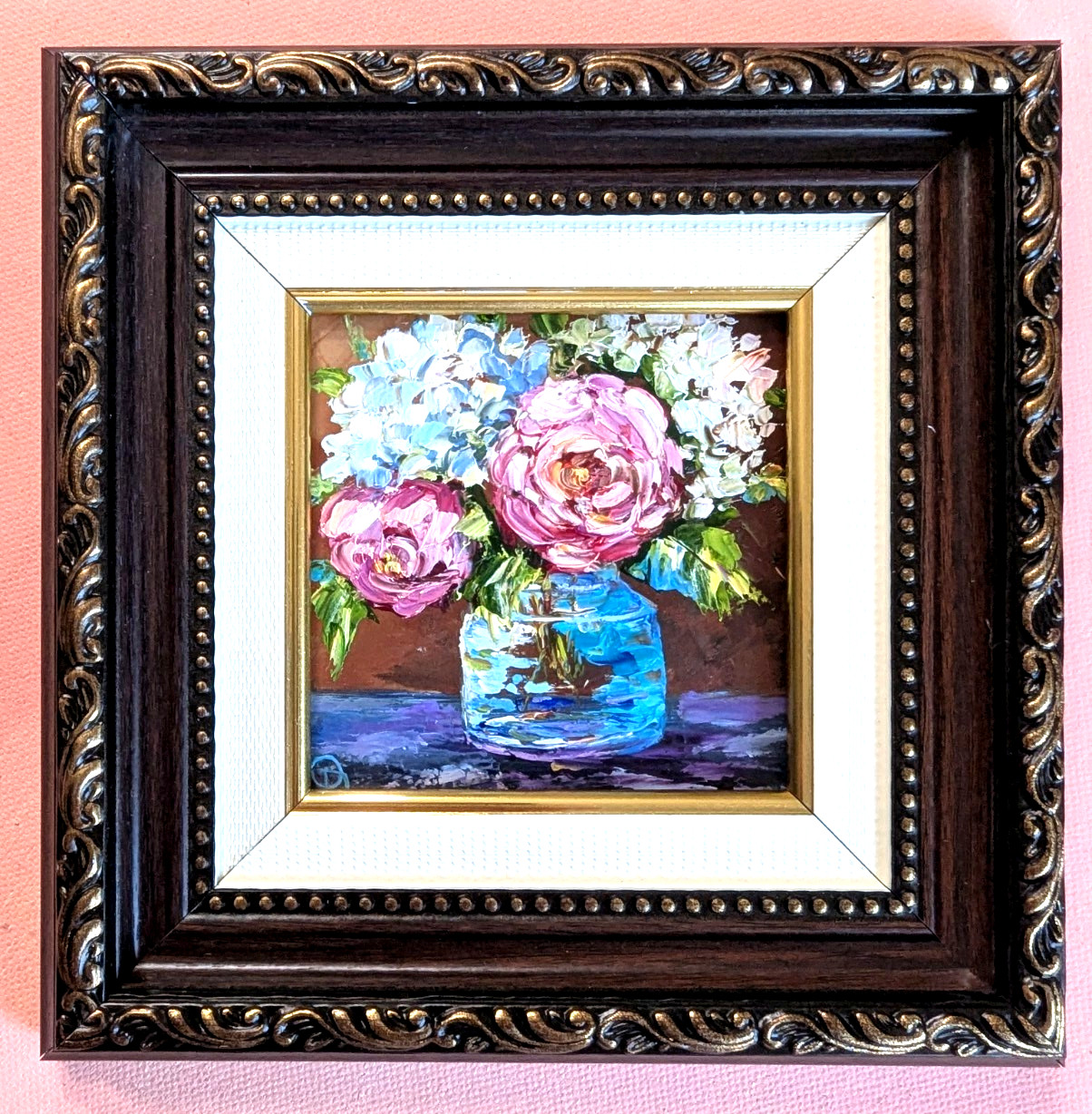 Original OIL Impasto PAINTING Hydrangea and roses by Olga Diduh Framed
