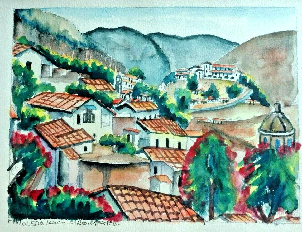 Vintage Signed Original Watercolor by E.H. Toledo – Taxco Mexico – Framed
