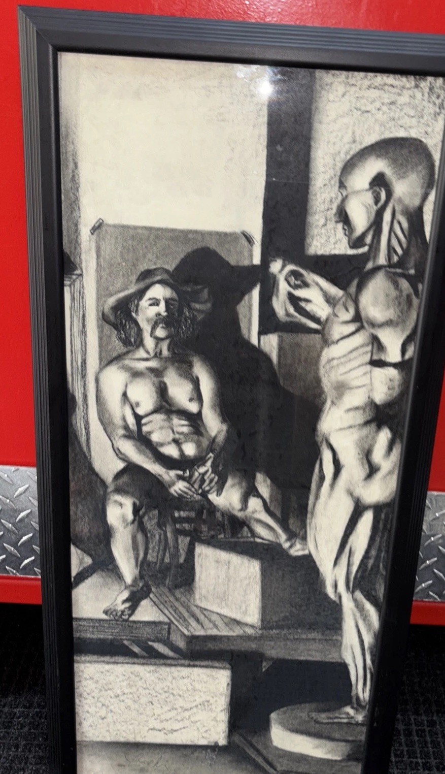 Vintage charcoal painting. Signed. Framed 16 x 34 Inches
