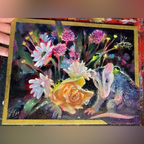 Original opossum Acrylic Painting Bee Flowers Art 7×9″ floral surreal still life