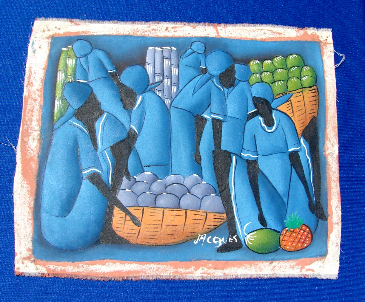 VTG Oil PAINTING Linen ART Street Scene People HAITIAN MARKET Signed JACQUES