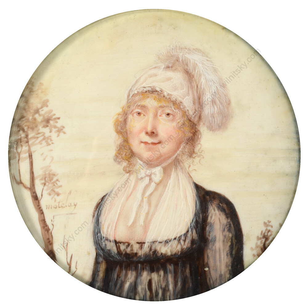 Motelay (fl.1789 -early 19th c.) «Lady posing in landscape», fine miniature (m)