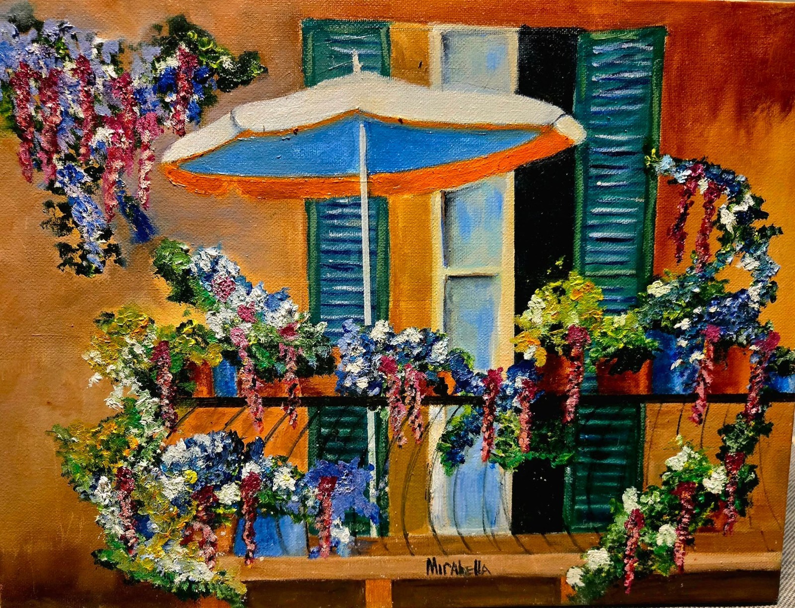 Sicily Flower Balcony- Oil on Canvas- 12″x 16″- One of a Kind- New Jersey Artist