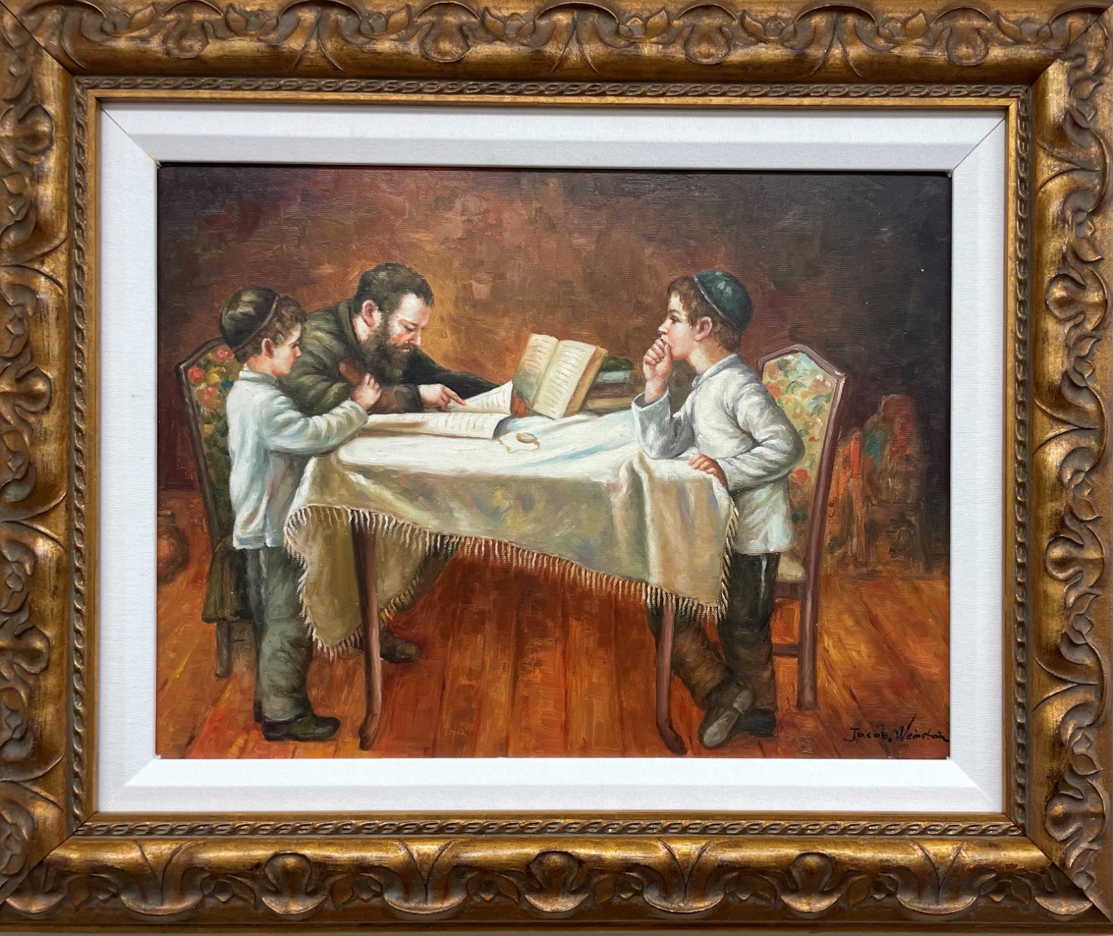 Jacob Weinstein «Study Talmud» Hand Painted Oil Framed Religious Jewish Art New