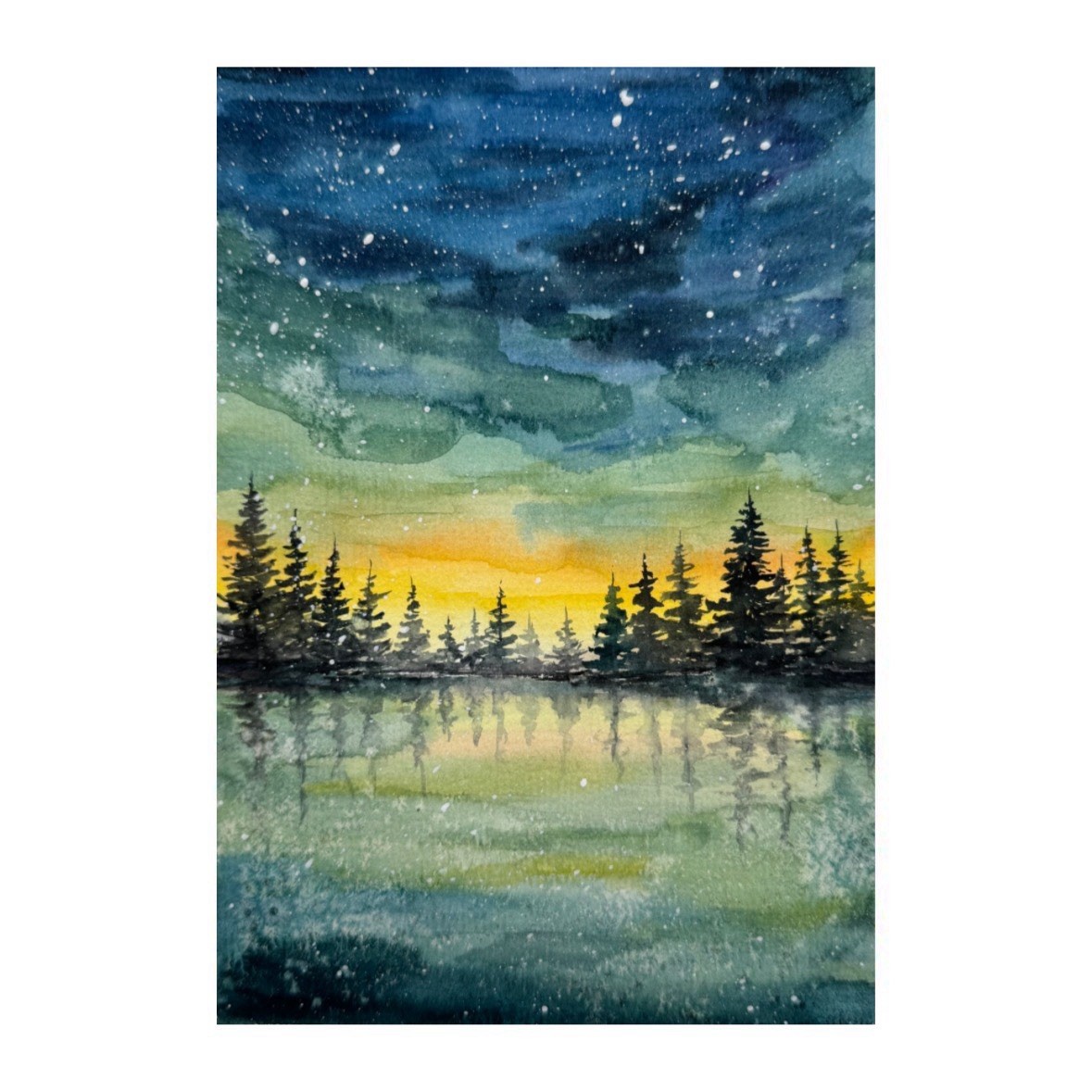 Original watercolor Art Aurora Borealis Painting Northern Lights Art Night Sky