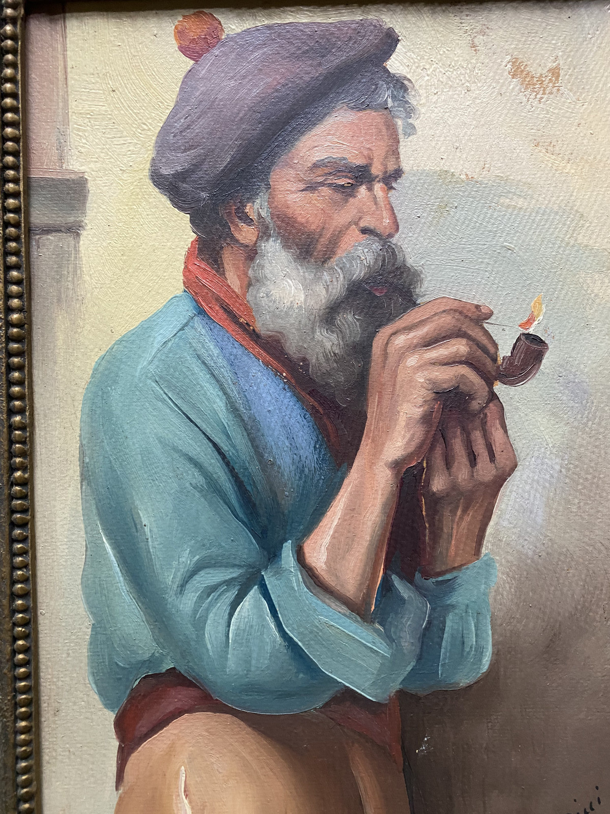 Oil Painting Portrait Man Old Pipe And Hat Everyday Life Signed Ricci