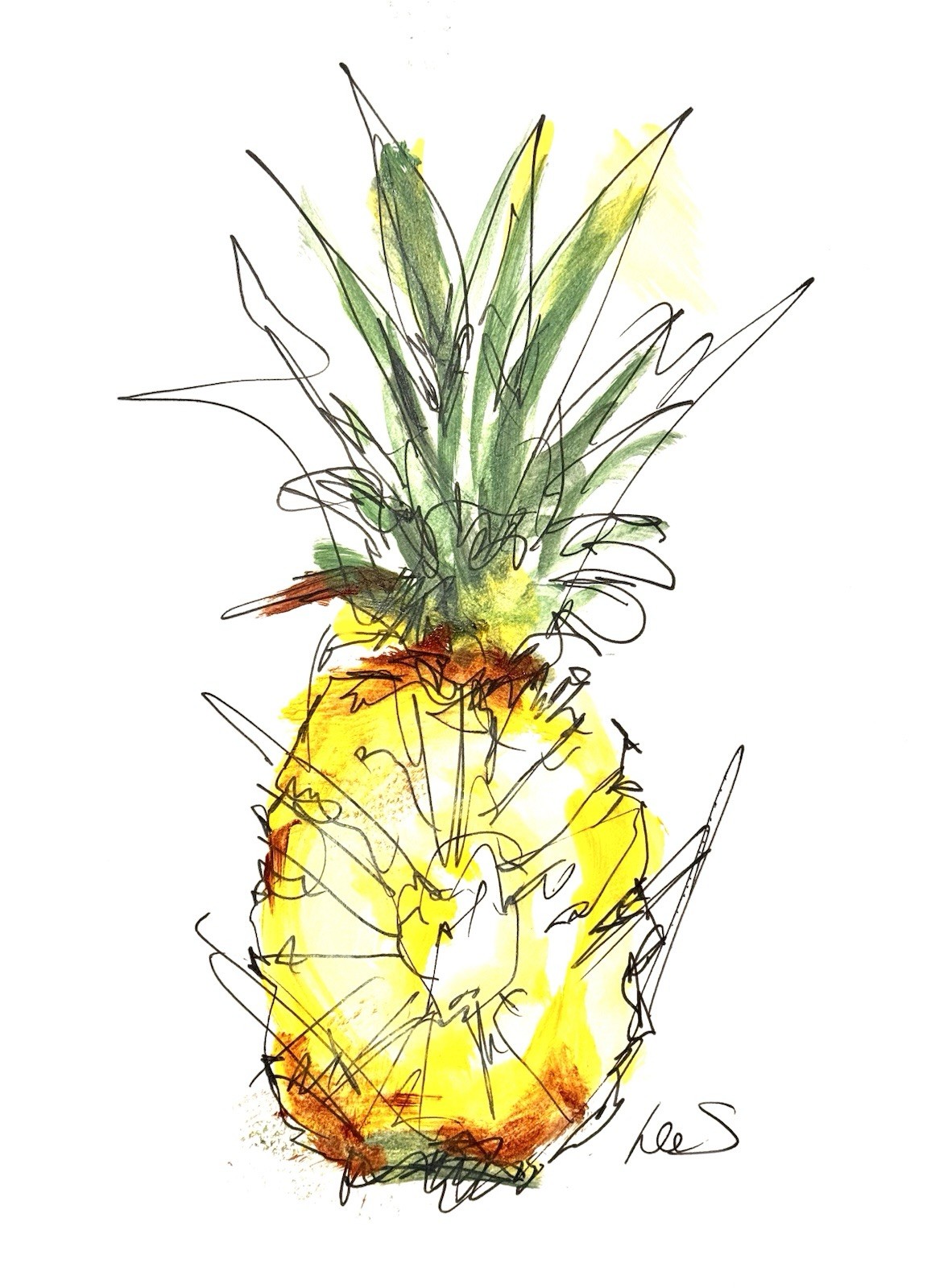 Original Abstract Expressionism 9X12 Pineapple 2 Paper Ink Handmade Signed 15