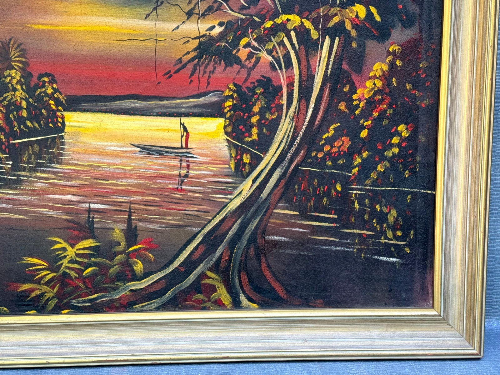 DINGA SAMUEL AFRICAN LANDSCAPE OIL PAINTING MAN CROSSING RIVER AFRICA CONGO MCM